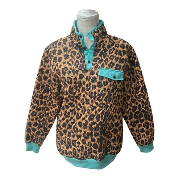 Crazy Train Yes Queen Leopard Animal Print Teal Quilted Pullover Sweater Size S - Picture 1 of 10
